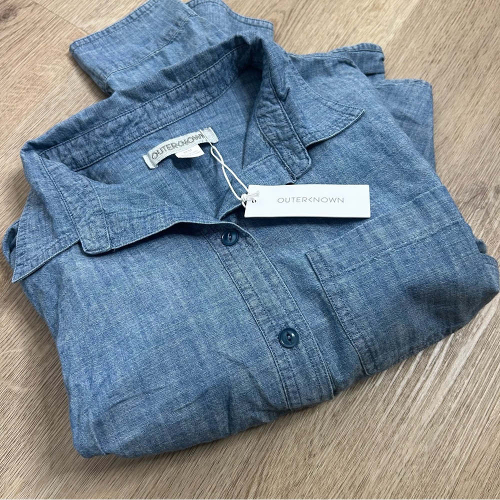 NWT Outerknown 100% Organic Cotton Chambray Denim Collared Long Sleeve Blouse